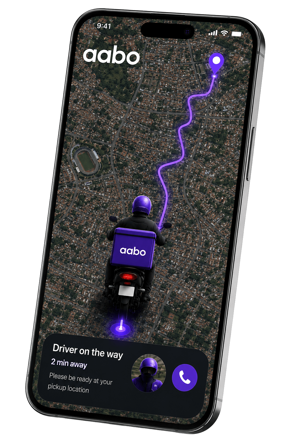Aabo phone app interface with motorcycle ride matching